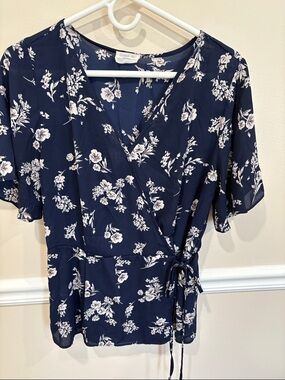 Navy Floral Faux Wrap Blouse with White Blossoms